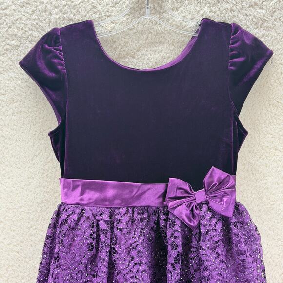 Jona Michelle Kids Purple Velvet Dress Size 10 Glitter Mesh Lace Bow Holiday - Picture 3 of 14